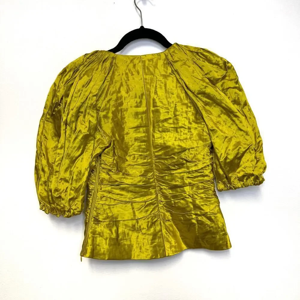 NWT $795 Ulla Johnson Vera Top - Metallic Ruched Puff Sleeve Blouse